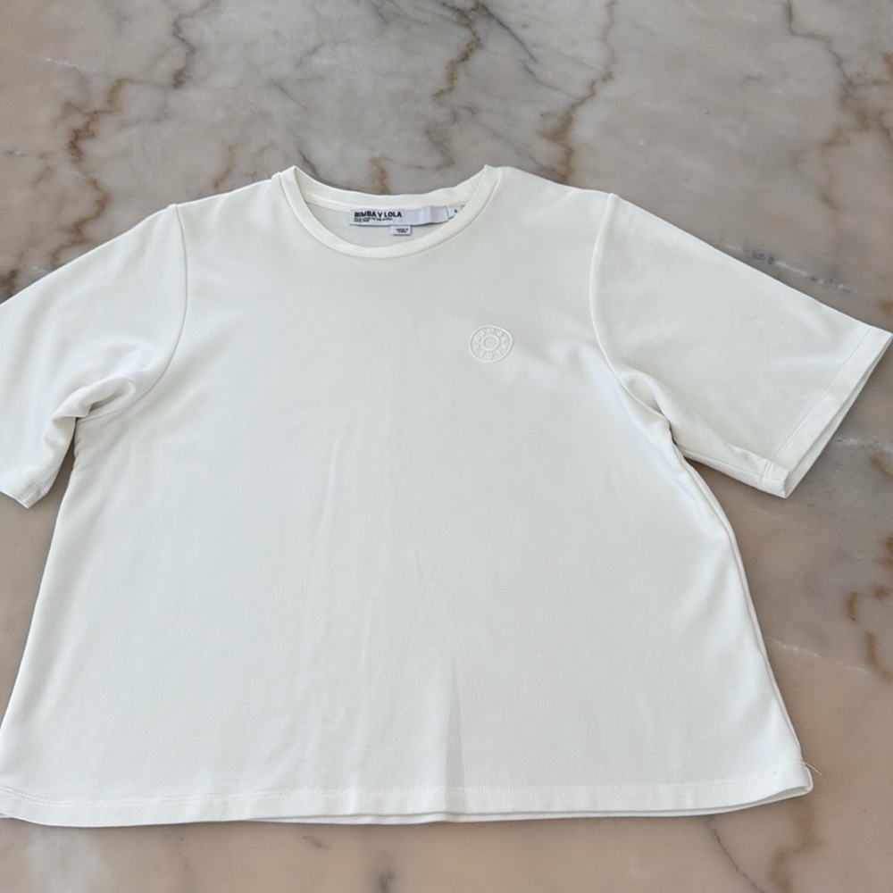 BIMBA Y LOLA Ivory Cream Short Sleeve T-Shirt Silicone Logo - Picture 7 of 10